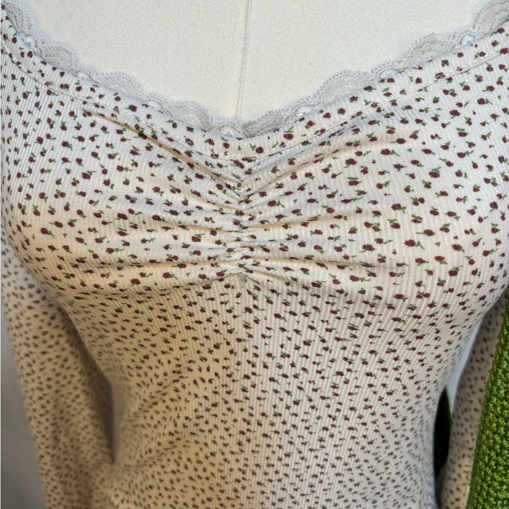 Just Polly New York Floral Ribbed Lace Trim‎ Top Medium Coquette Cottagecore - Picture 2 of 4
